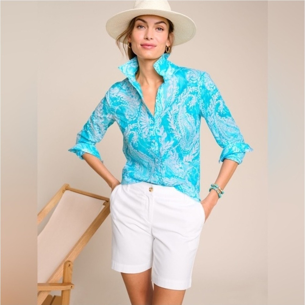 Talbots Modern Classic Shirt Brushed Paisley Cotton Long Sleeve Blue Size LP